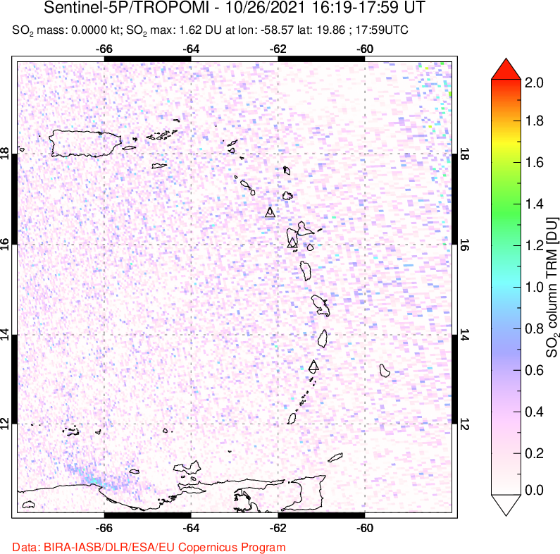 A sulfur dioxide image over Montserrat, West Indies on Oct 26, 2021.