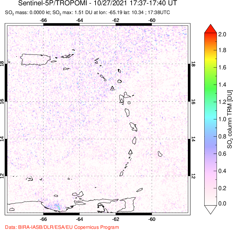 A sulfur dioxide image over Montserrat, West Indies on Oct 27, 2021.