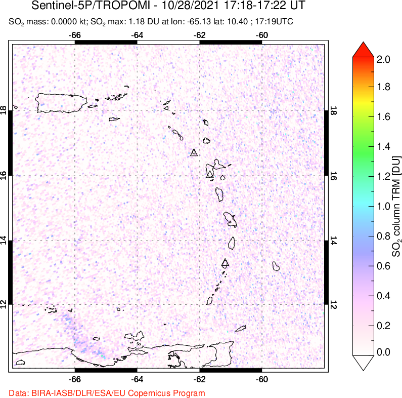 A sulfur dioxide image over Montserrat, West Indies on Oct 28, 2021.
