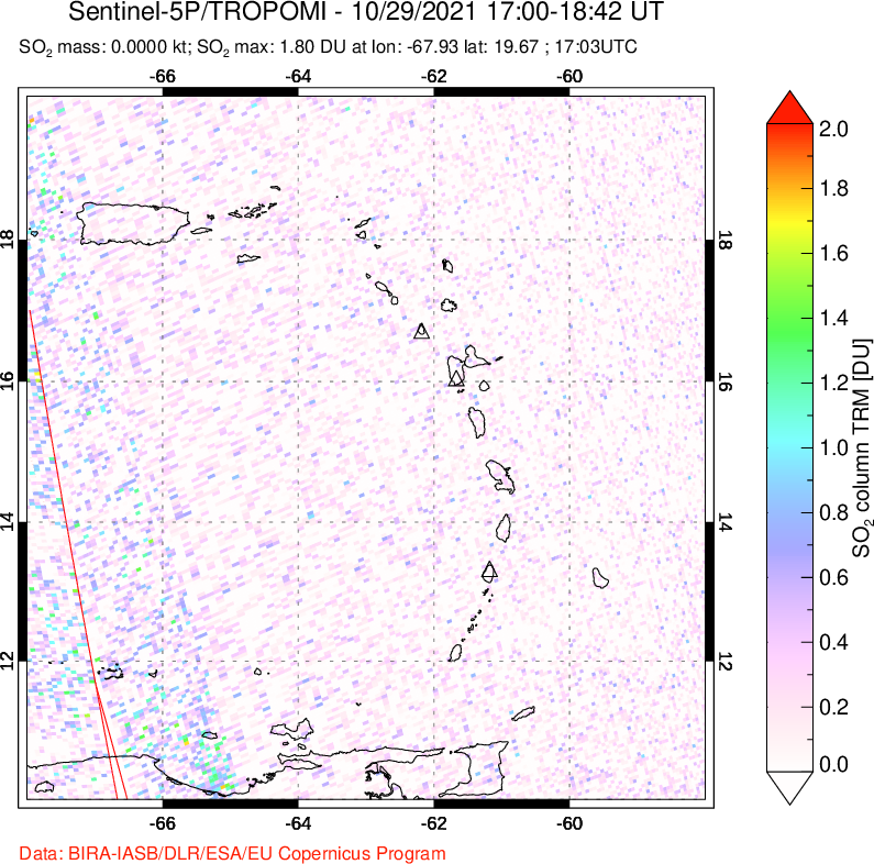 A sulfur dioxide image over Montserrat, West Indies on Oct 29, 2021.