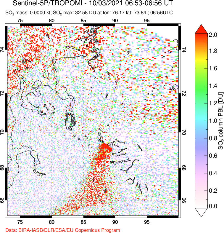 A sulfur dioxide image over Norilsk, Russian Federation on Oct 03, 2021.