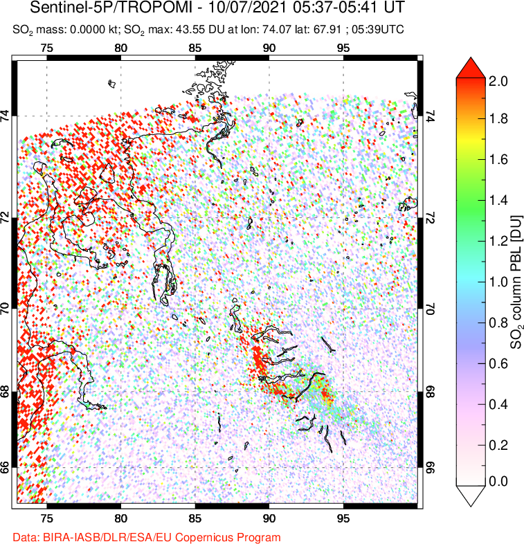 A sulfur dioxide image over Norilsk, Russian Federation on Oct 07, 2021.