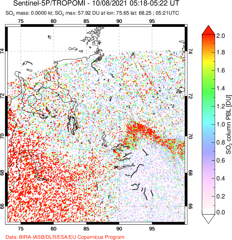 A sulfur dioxide image over Norilsk, Russian Federation on Oct 08, 2021.