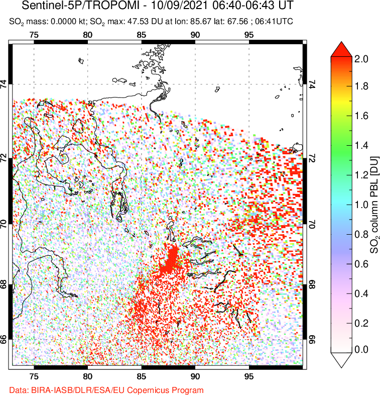A sulfur dioxide image over Norilsk, Russian Federation on Oct 09, 2021.