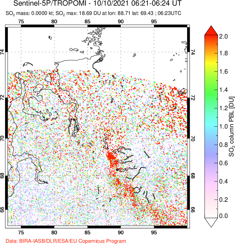 A sulfur dioxide image over Norilsk, Russian Federation on Oct 10, 2021.
