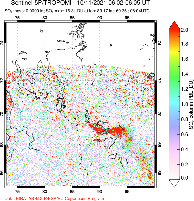A sulfur dioxide image over Norilsk, Russian Federation on Oct 11, 2021.