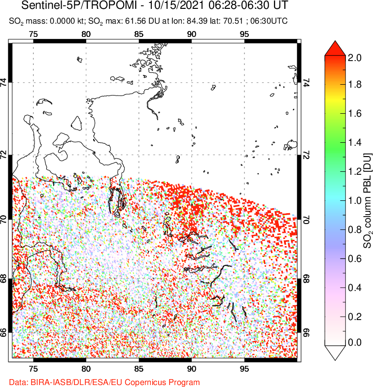 A sulfur dioxide image over Norilsk, Russian Federation on Oct 15, 2021.