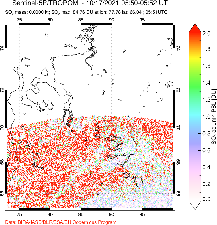 A sulfur dioxide image over Norilsk, Russian Federation on Oct 17, 2021.