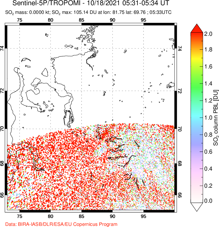 A sulfur dioxide image over Norilsk, Russian Federation on Oct 18, 2021.
