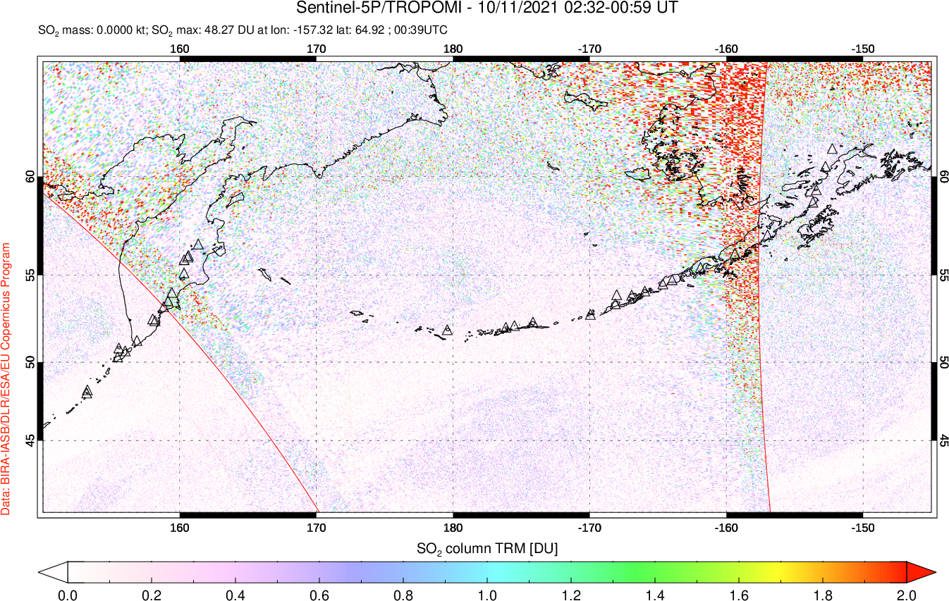 A sulfur dioxide image over North Pacific on Oct 11, 2021.