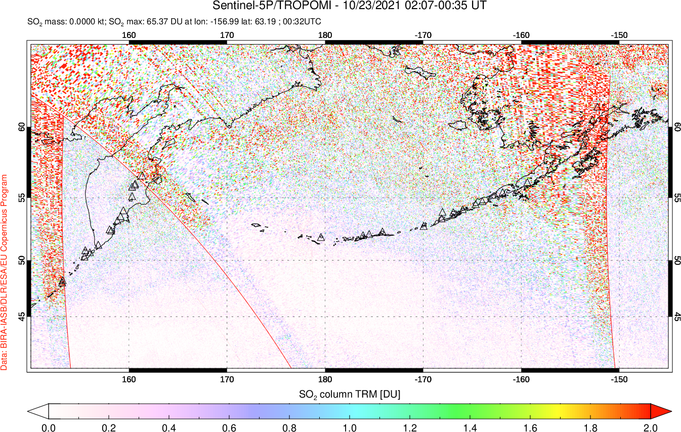 A sulfur dioxide image over North Pacific on Oct 23, 2021.