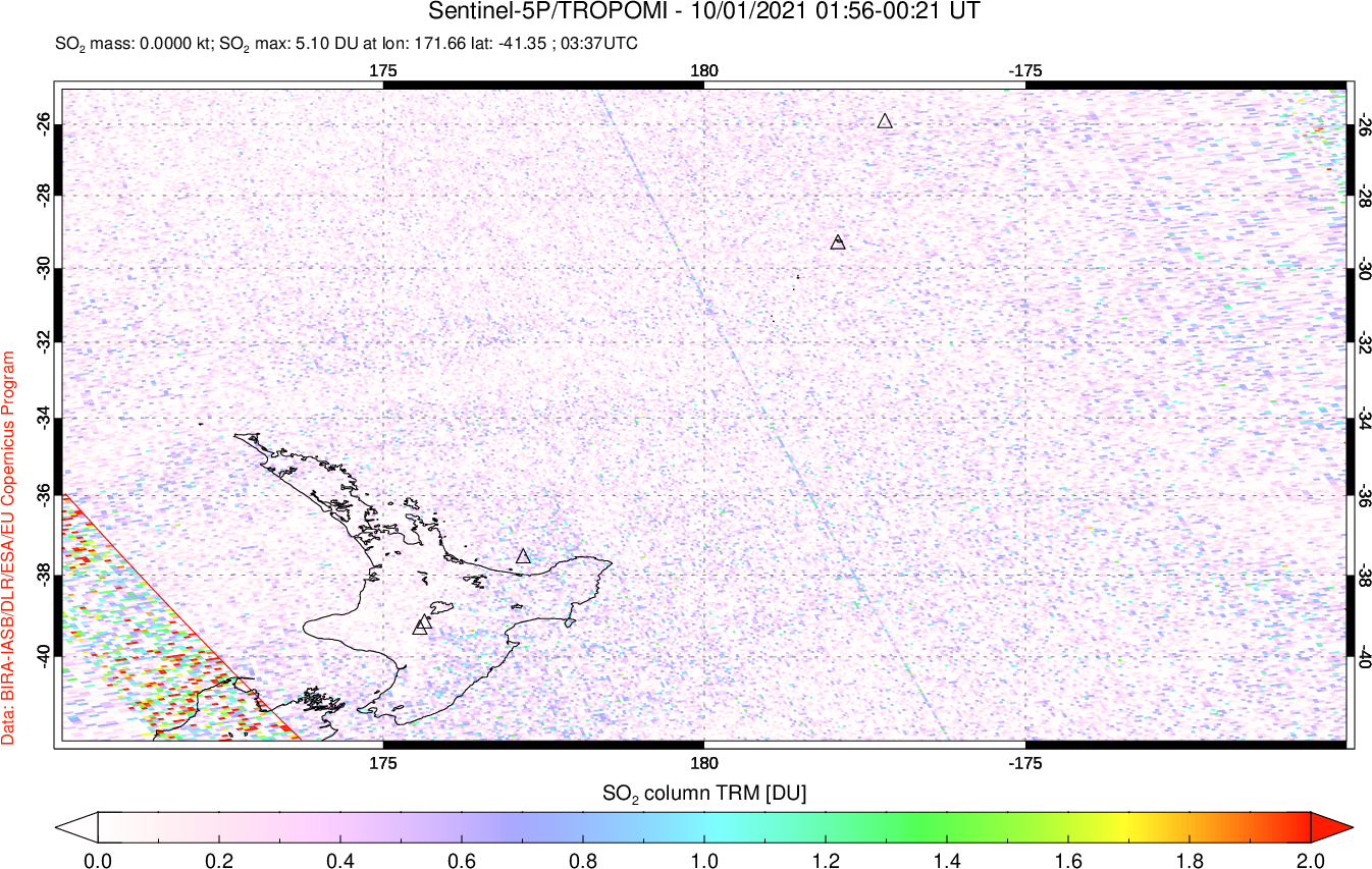 A sulfur dioxide image over New Zealand on Oct 01, 2021.