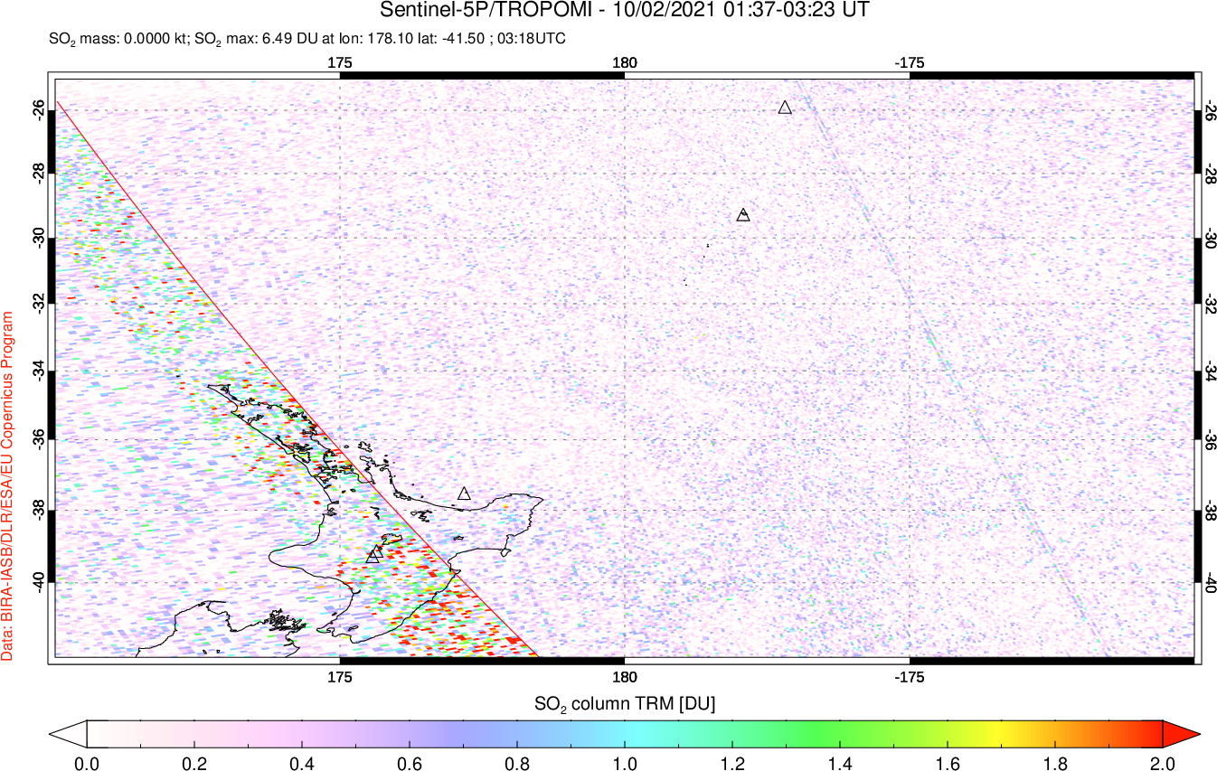 A sulfur dioxide image over New Zealand on Oct 02, 2021.
