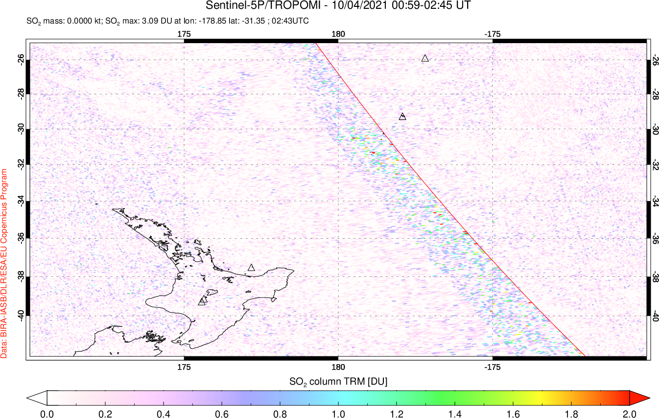 A sulfur dioxide image over New Zealand on Oct 04, 2021.