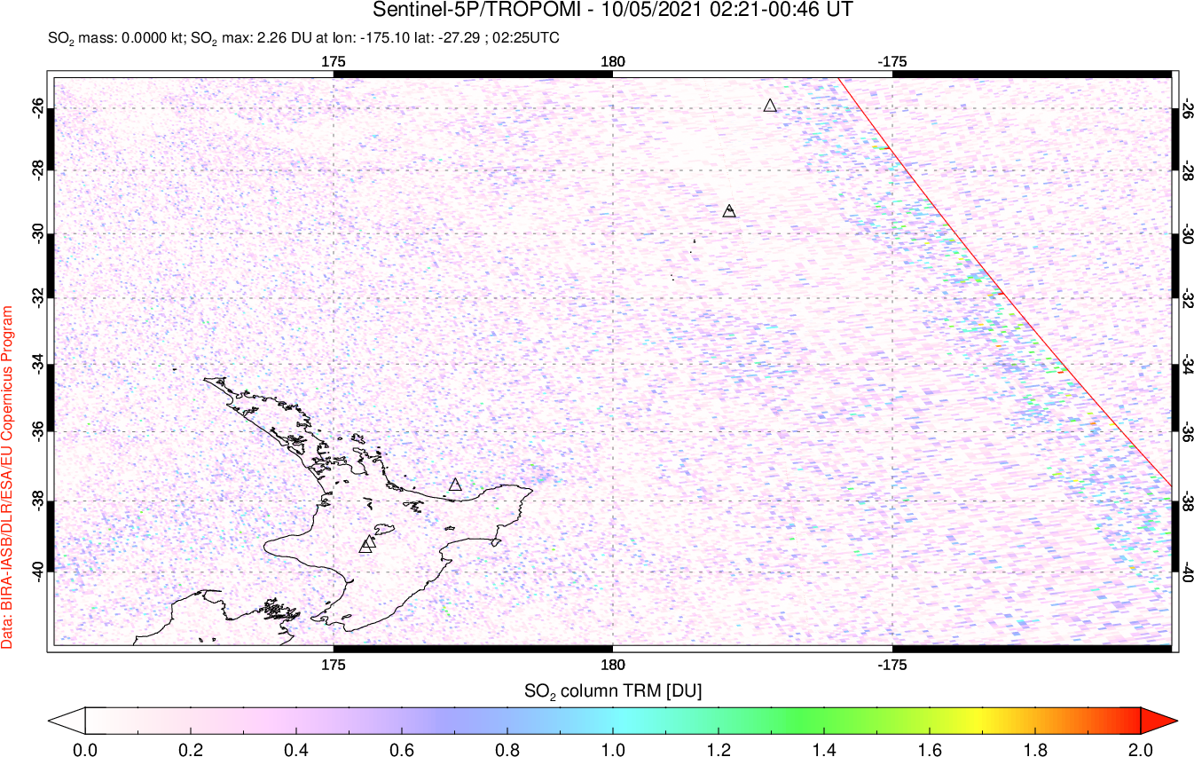 A sulfur dioxide image over New Zealand on Oct 05, 2021.