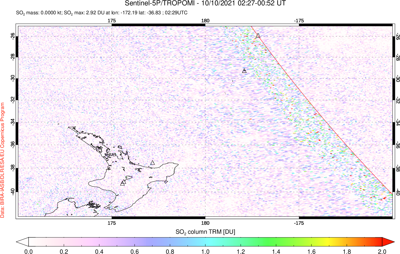 A sulfur dioxide image over New Zealand on Oct 10, 2021.