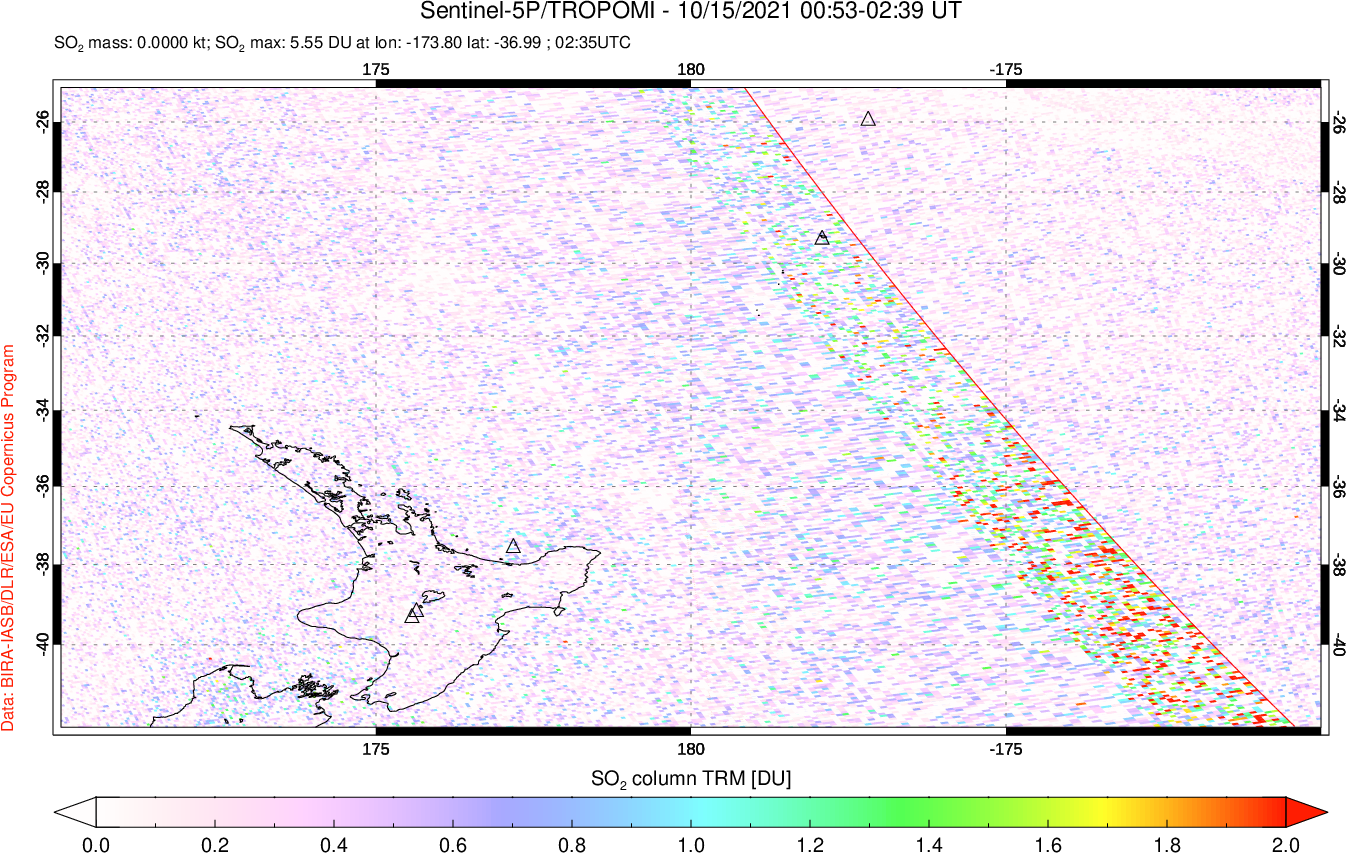 A sulfur dioxide image over New Zealand on Oct 15, 2021.