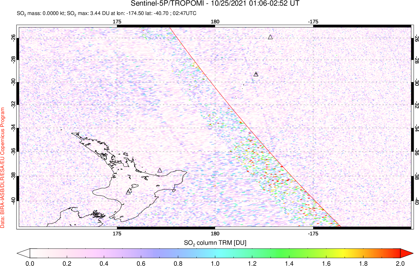 A sulfur dioxide image over New Zealand on Oct 25, 2021.