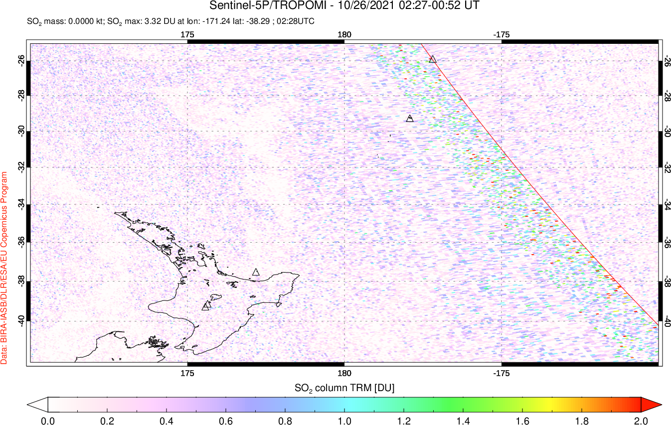 A sulfur dioxide image over New Zealand on Oct 26, 2021.