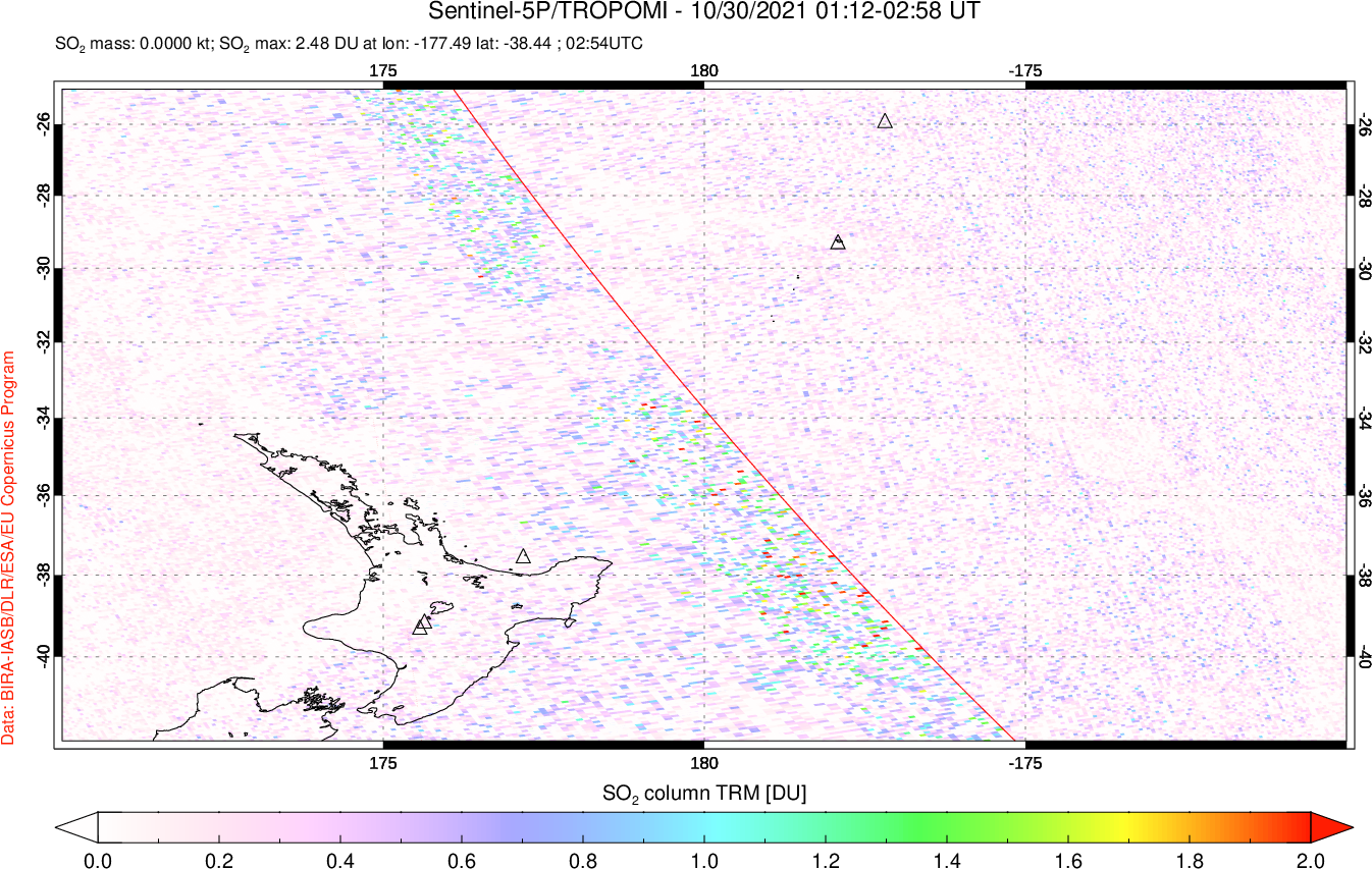 A sulfur dioxide image over New Zealand on Oct 30, 2021.