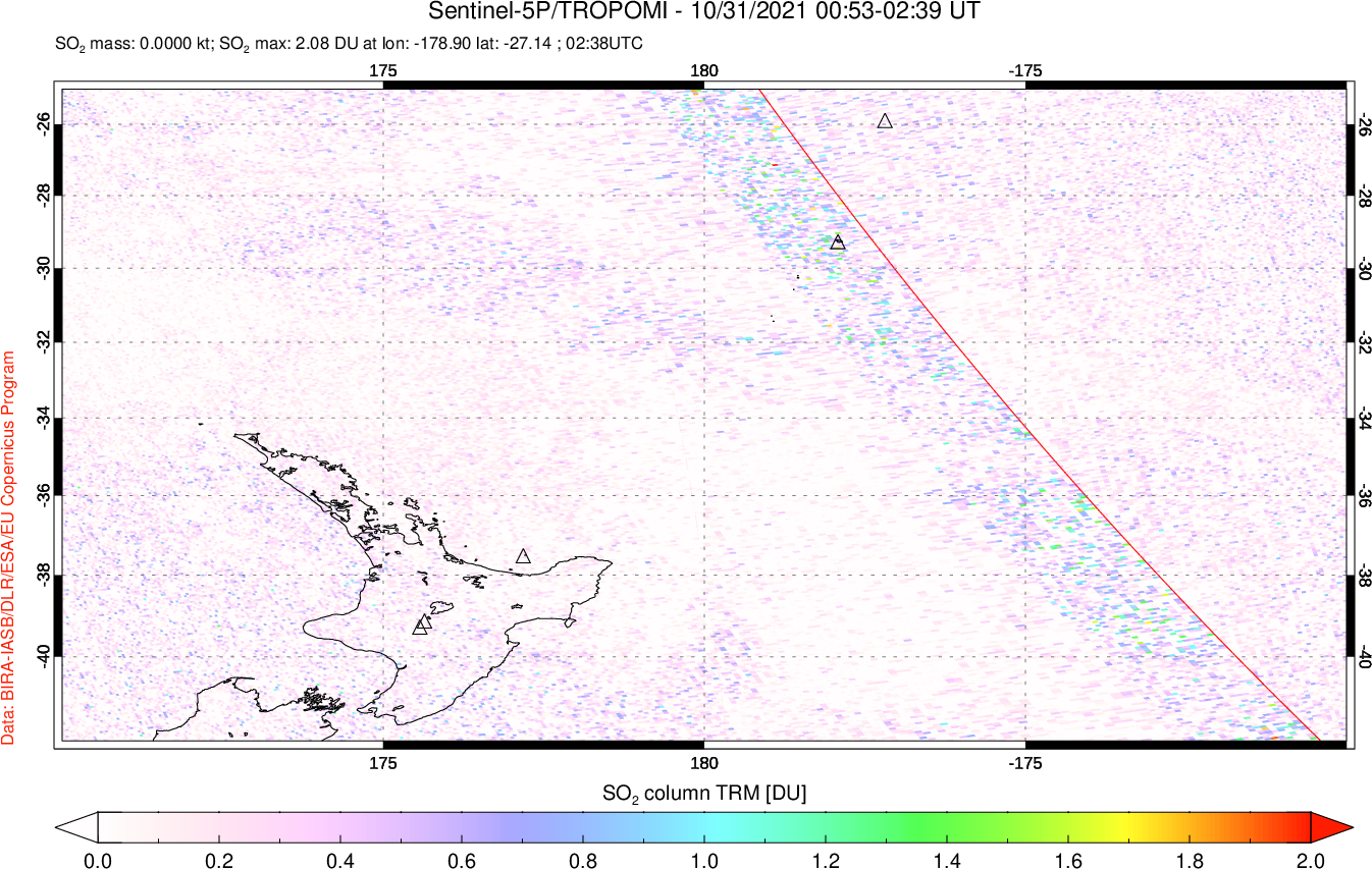 A sulfur dioxide image over New Zealand on Oct 31, 2021.