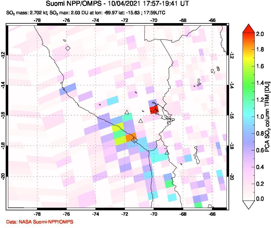 A sulfur dioxide image over Peru on Oct 04, 2021.
