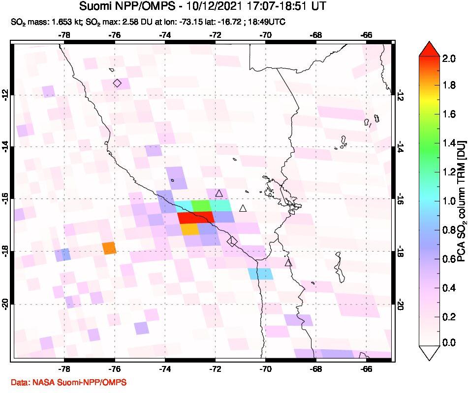 A sulfur dioxide image over Peru on Oct 12, 2021.