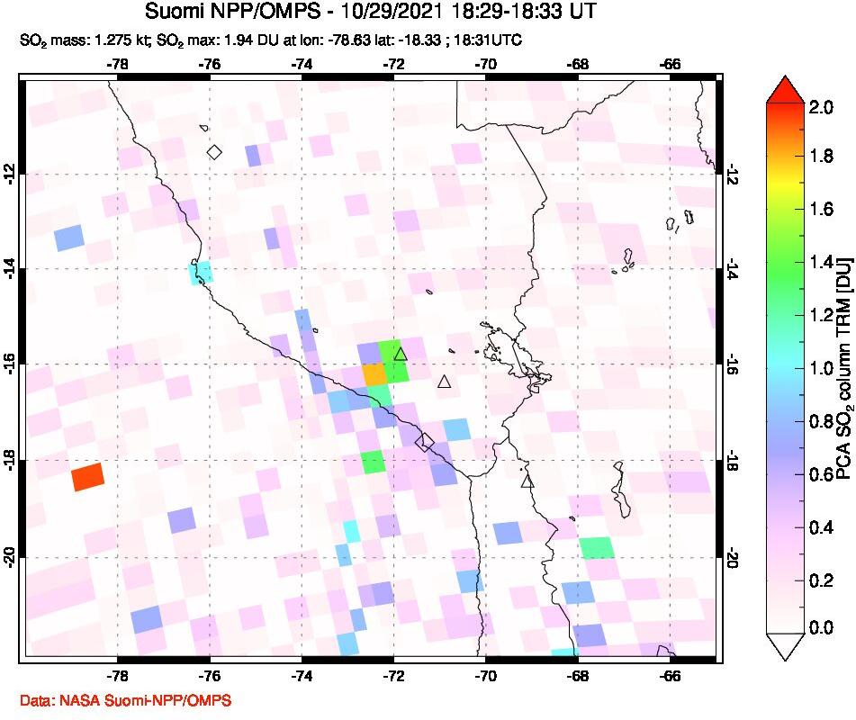 A sulfur dioxide image over Peru on Oct 29, 2021.