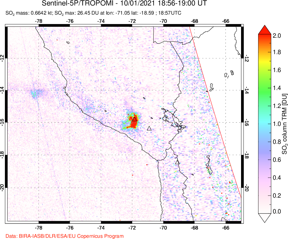 A sulfur dioxide image over Peru on Oct 01, 2021.