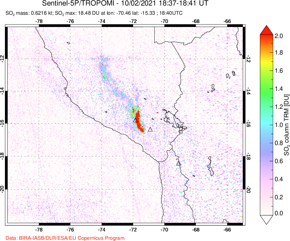 A sulfur dioxide image over Peru on Oct 02, 2021.