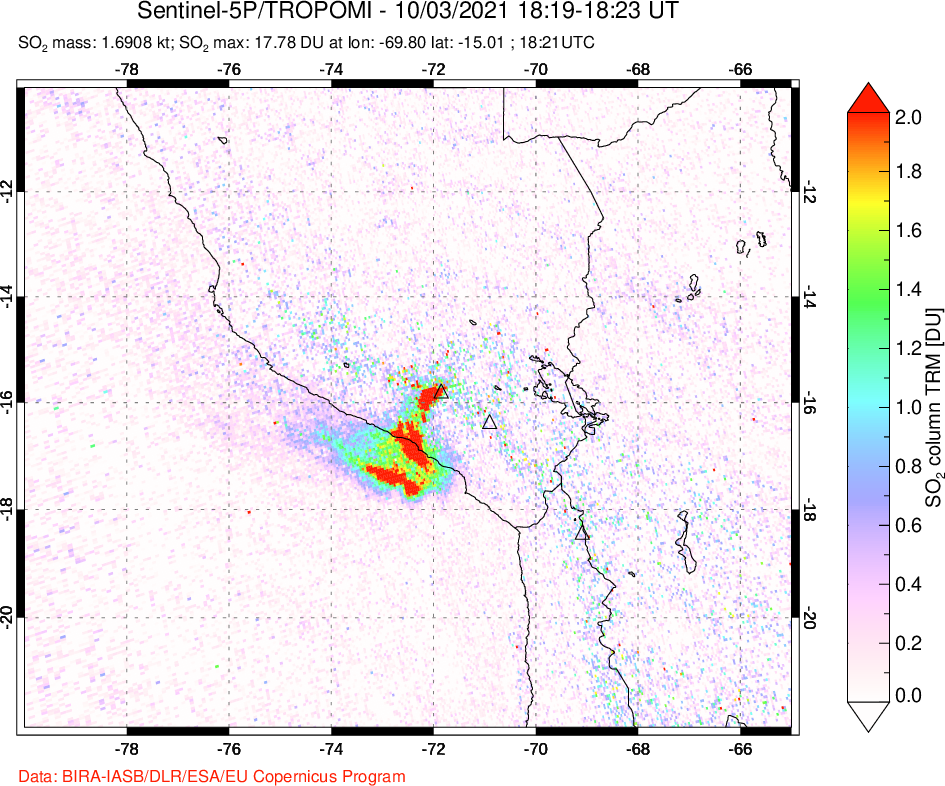 A sulfur dioxide image over Peru on Oct 03, 2021.