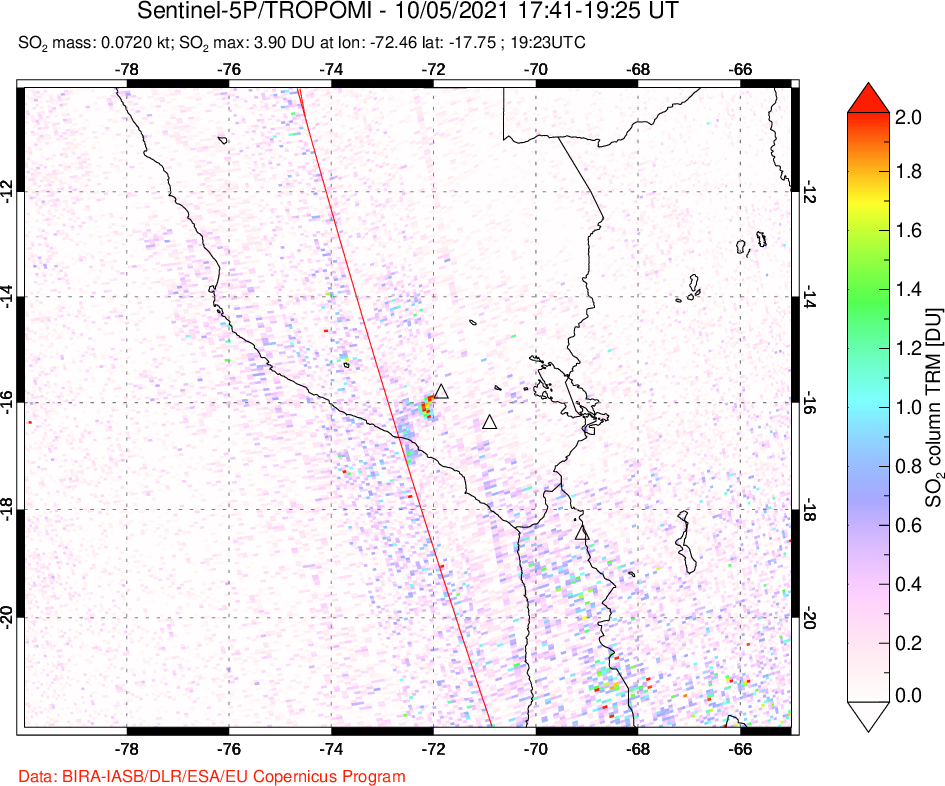 A sulfur dioxide image over Peru on Oct 05, 2021.