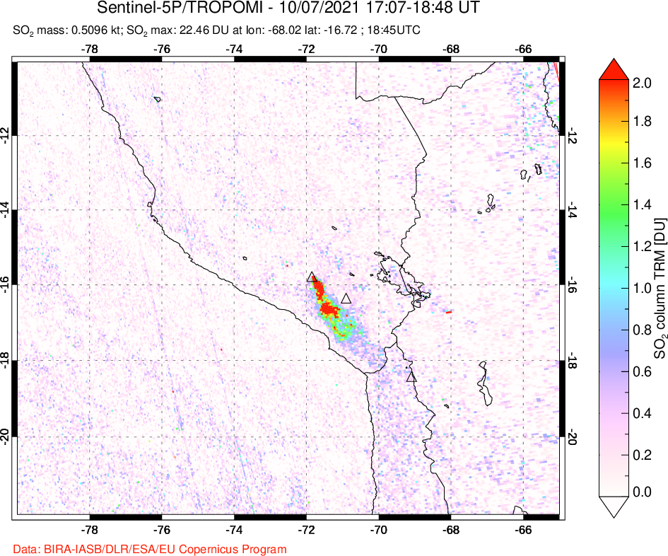 A sulfur dioxide image over Peru on Oct 07, 2021.