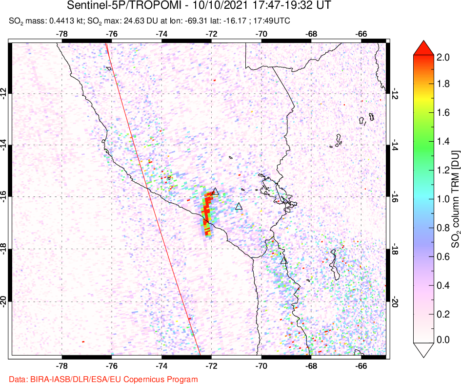 A sulfur dioxide image over Peru on Oct 10, 2021.