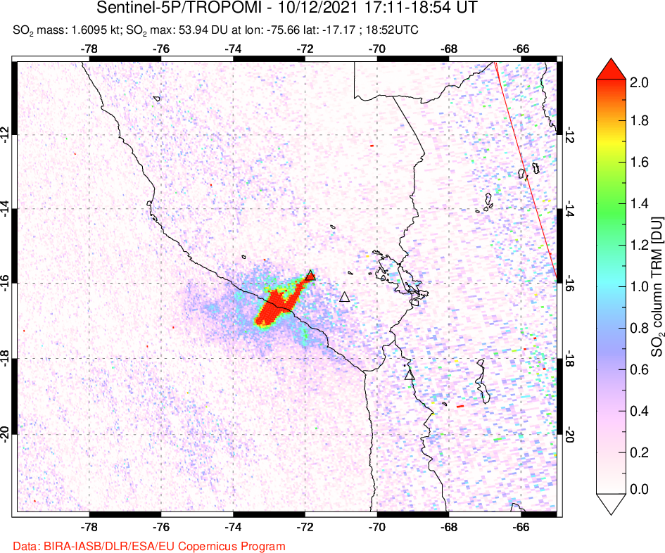 A sulfur dioxide image over Peru on Oct 12, 2021.
