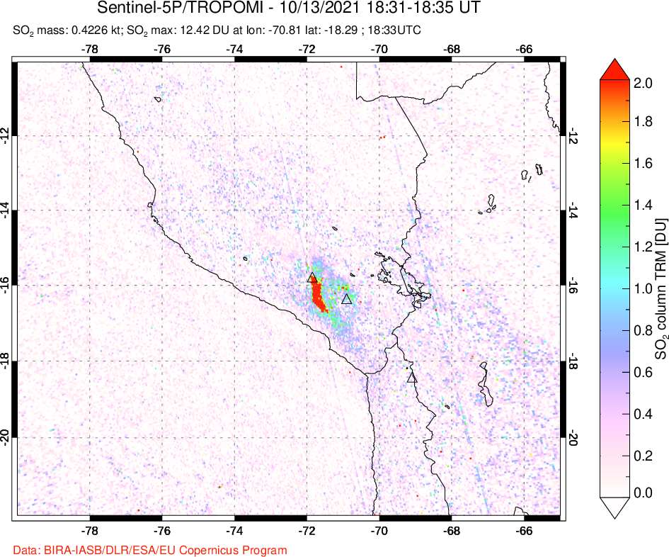 A sulfur dioxide image over Peru on Oct 13, 2021.