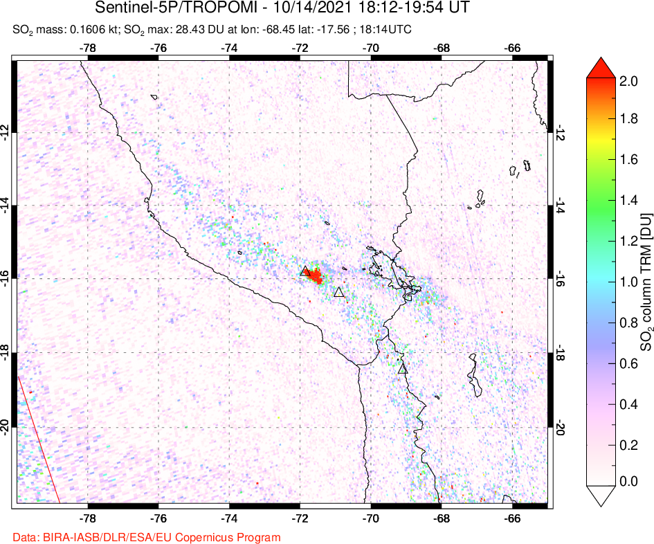 A sulfur dioxide image over Peru on Oct 14, 2021.