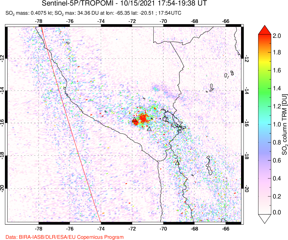 A sulfur dioxide image over Peru on Oct 15, 2021.