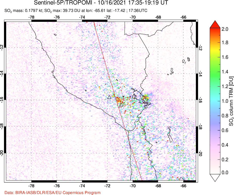 A sulfur dioxide image over Peru on Oct 16, 2021.