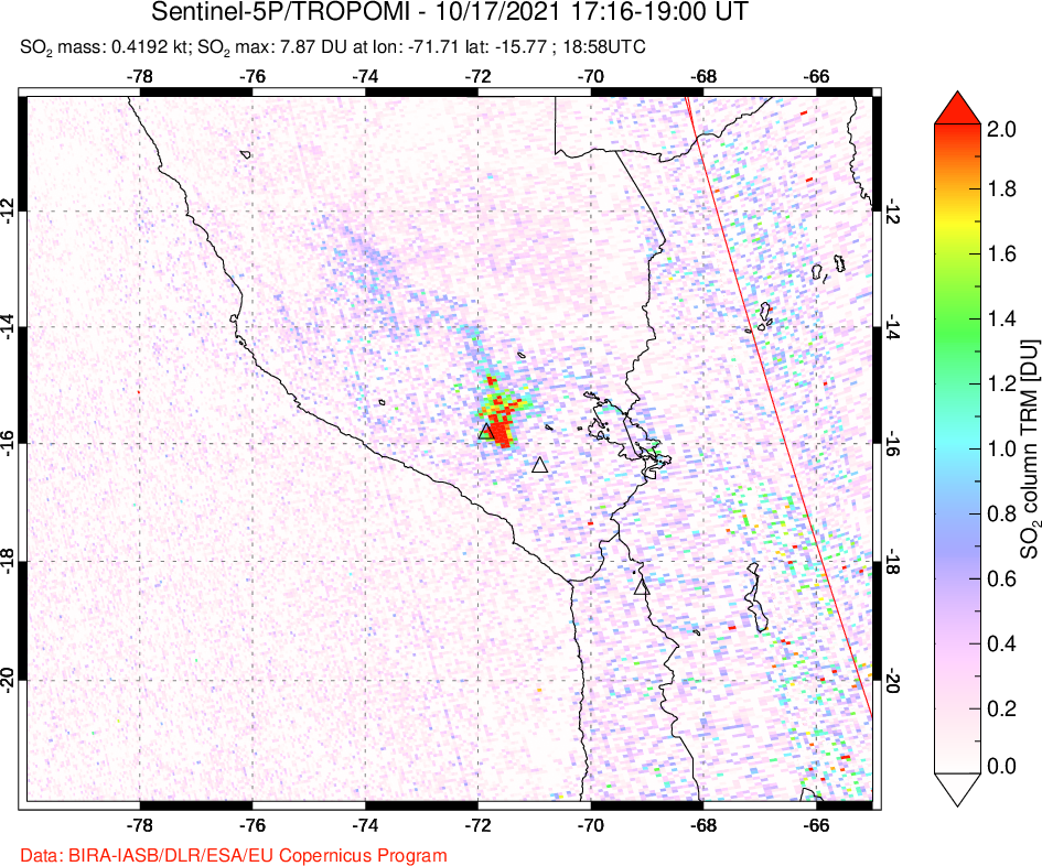 A sulfur dioxide image over Peru on Oct 17, 2021.