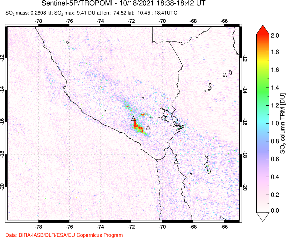 A sulfur dioxide image over Peru on Oct 18, 2021.