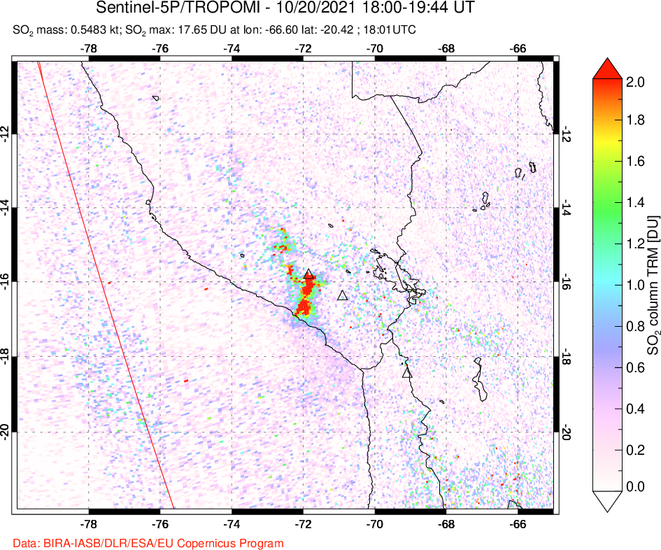 A sulfur dioxide image over Peru on Oct 20, 2021.