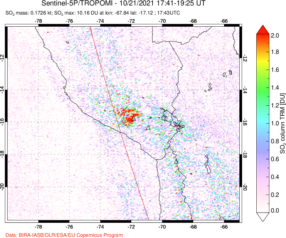 A sulfur dioxide image over Peru on Oct 21, 2021.
