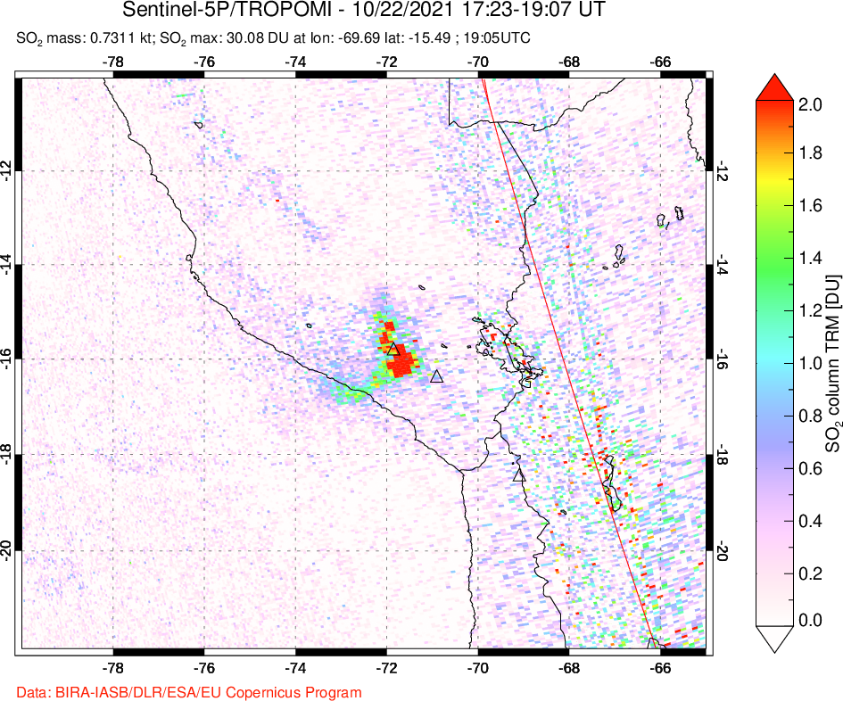 A sulfur dioxide image over Peru on Oct 22, 2021.