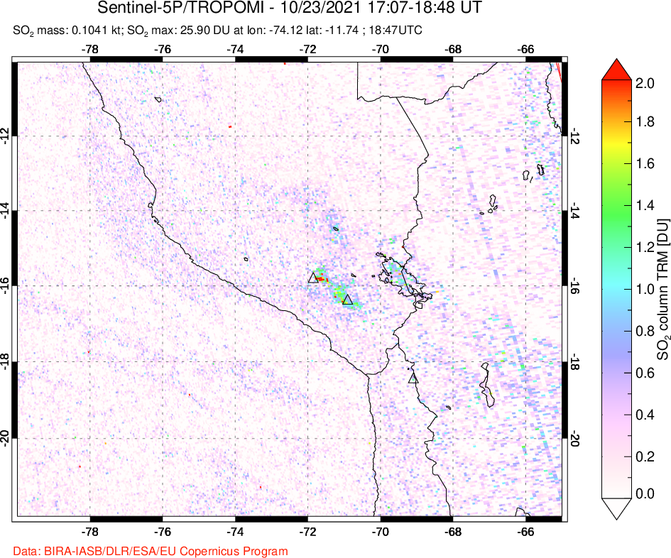 A sulfur dioxide image over Peru on Oct 23, 2021.