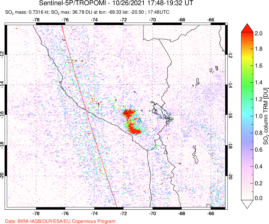 A sulfur dioxide image over Peru on Oct 26, 2021.