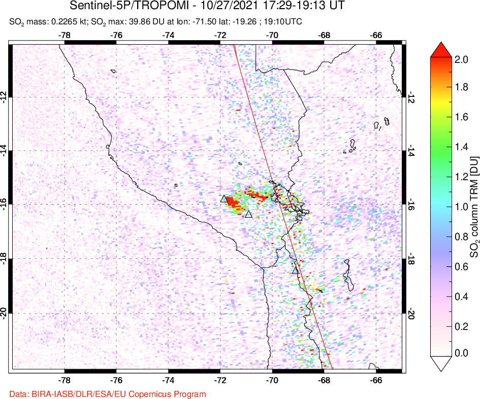 A sulfur dioxide image over Peru on Oct 27, 2021.