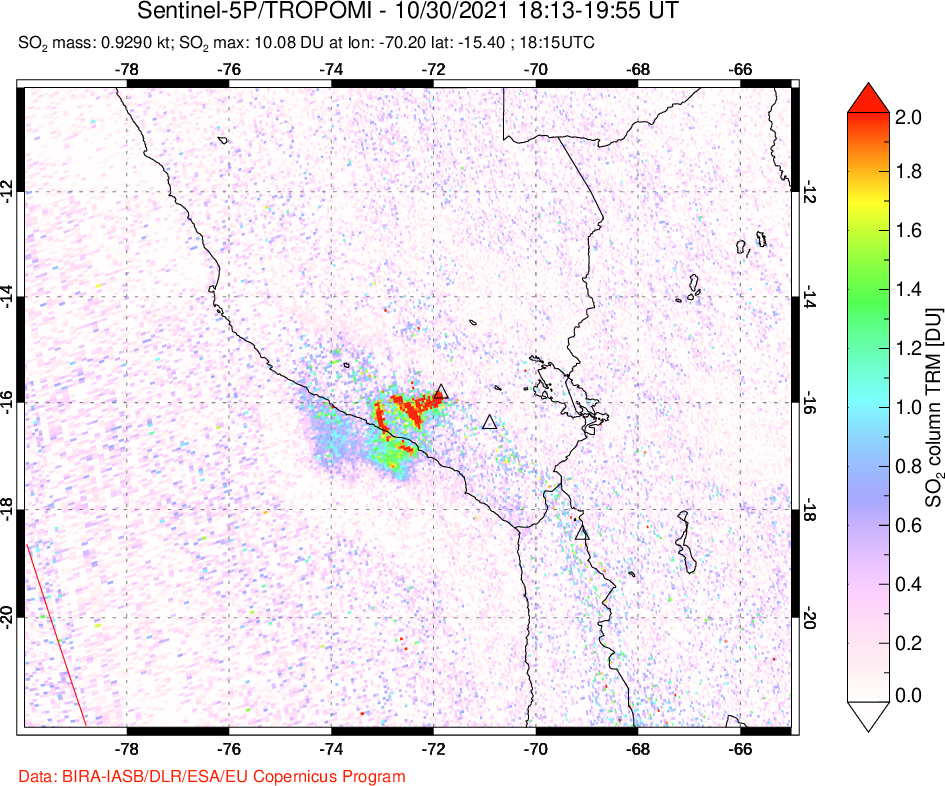 A sulfur dioxide image over Peru on Oct 30, 2021.
