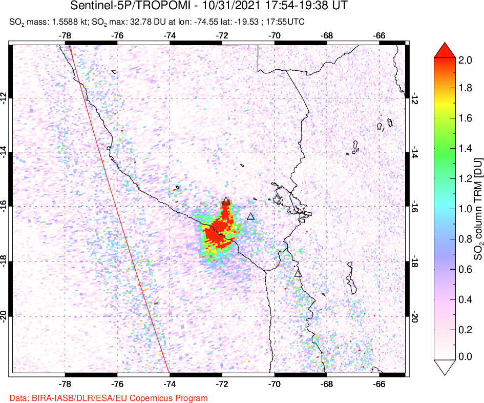 A sulfur dioxide image over Peru on Oct 31, 2021.