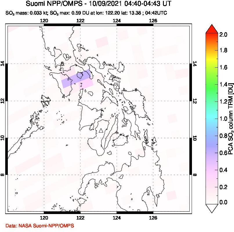 A sulfur dioxide image over Philippines on Oct 09, 2021.